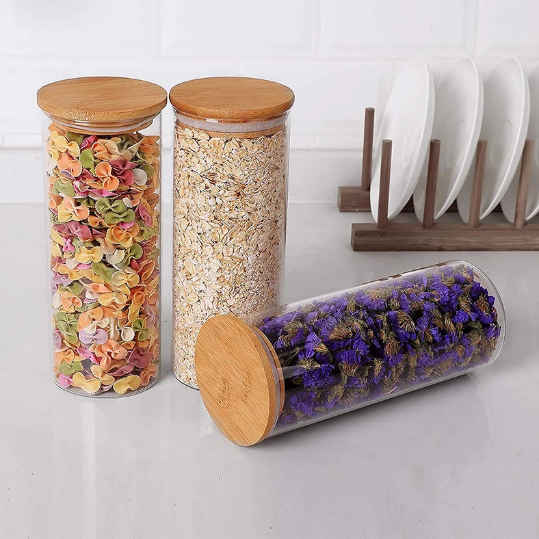 High Borosilicate Kitchenware Storage Square Clear Glass Storage Jar Spice Jar Cookie Candy Packing with Airtight Bamboo Lid