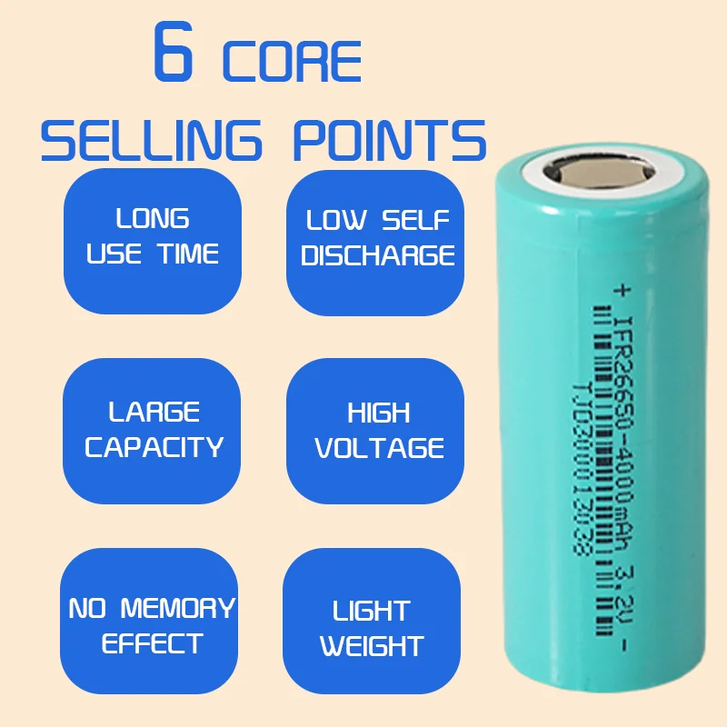 high capacity rechargeable 3.2V IFR26650 4000mAh lithium battery cylindrical LiFePO4
