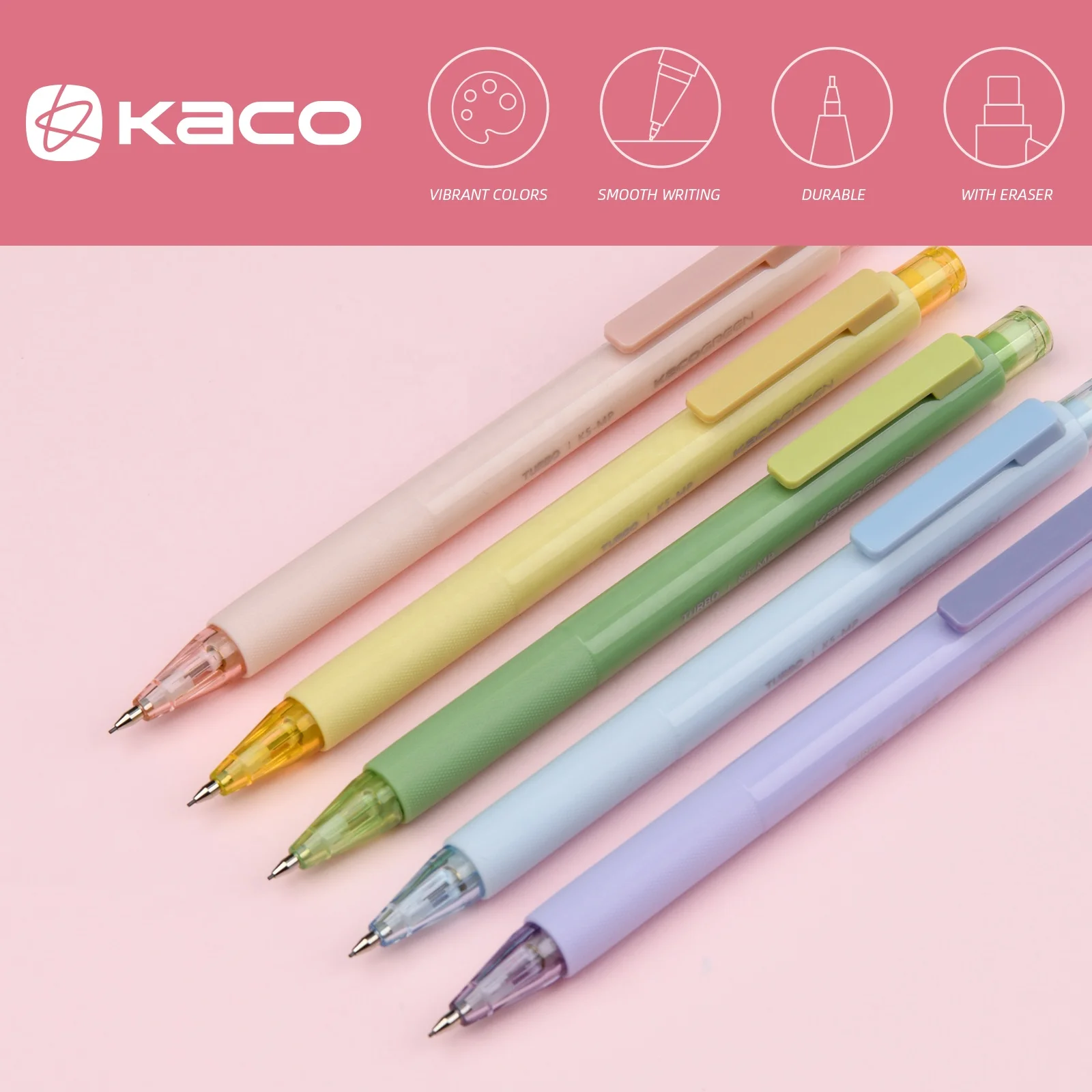 KACO TURBO Green Color Barrel Mechanical Pencils, Cute Pastel Pencils 0.5mm with 1 Tube HB Lead Refills