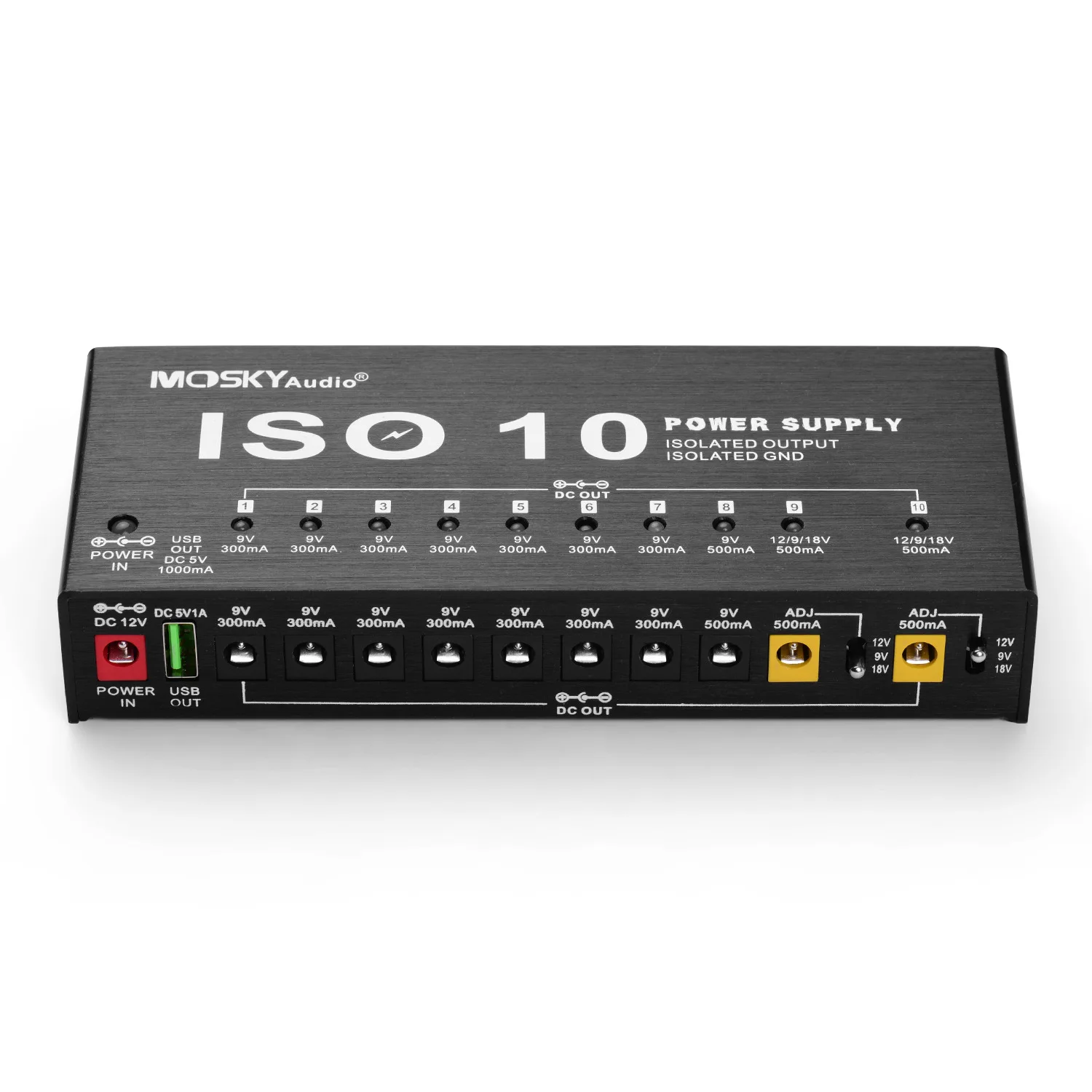 MOSKY ISO-10 Guitar Effect Pedal Power Supply 10 Isolated DC Outputs/ 5V USB Output for 9V 12V 18V Protection Guitar Accessories