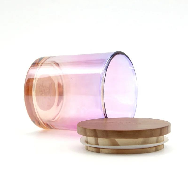 
New Product Iridescent Round Glass Candle Jar with Wood Lid 