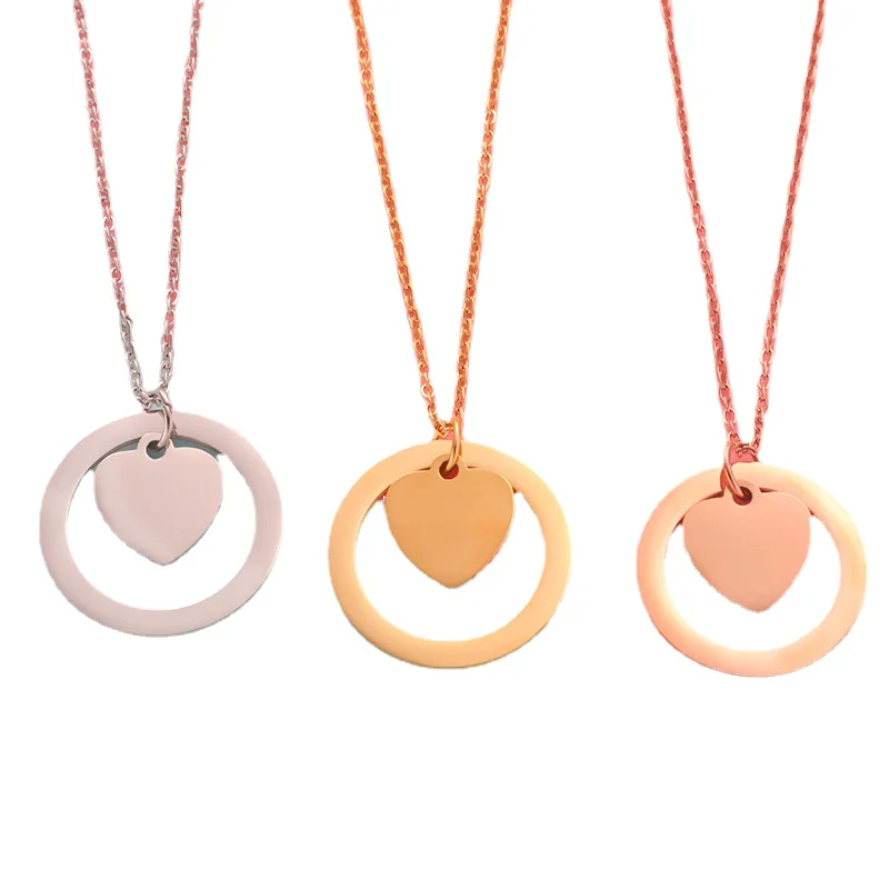 Fashion PVD 18K Gold Plated Rose Gold Engraved LOGO Blank Heart Necklace 316L stainless steel jewelry wholesale for women