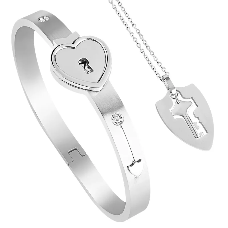 Stainless Steel Jewelry Couple Lover Heart Lock And Key Bracelet Necklace