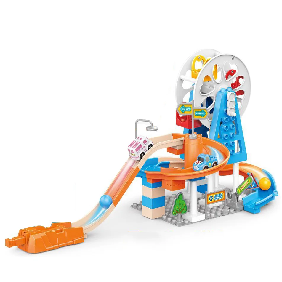 Children Montessori Educational Toys Plastic Building Bock Diy Track Maze Toy Bricks Ejection Race Track Toy With 2 Alloy Car