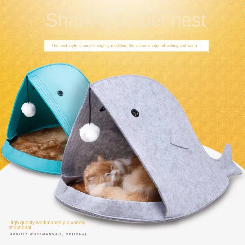 New Arrival Cartoon Creative Cat Kennel Ball Toys Detachable Foldable Felt Shark Dog Bed 4 Season Travel Bed Pets Cave Cat Bed