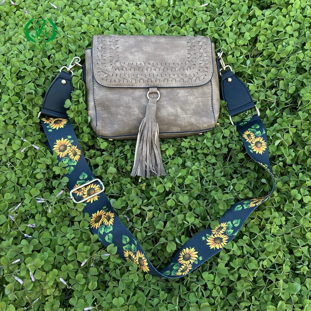 Monogrammed Whipstitch Flapover Crossbody Bag Rainbow Sunflower Belt Strap Tassel Purse