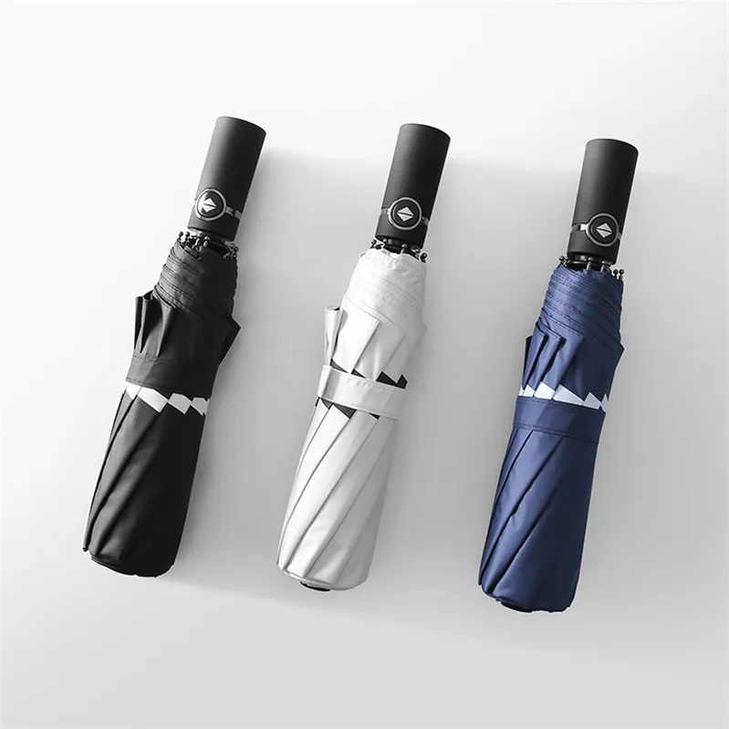 Manufacturers selling 10k striped umbrella windproof folding reinforced automatic 3 fold umbrella