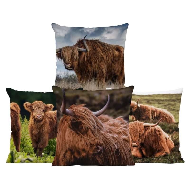 Highland Cow Pillow Backrest Pillow Highland Cattle 45*45cm With Zipper Velvet For Home Decor Pillow Cushion For Bed