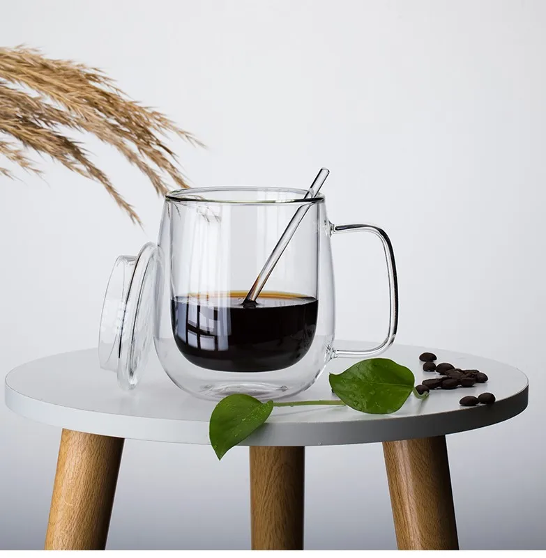 Прозрачная Двухстенная стеклянная чашка с ручкой большая емкость