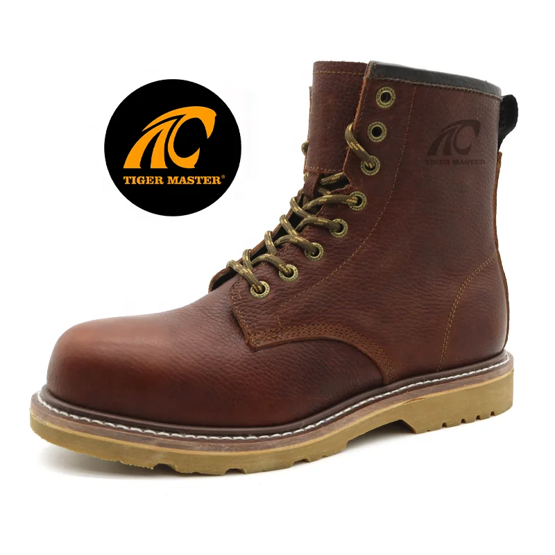 Brown genuine leather oil slip resistant rubber sole anti puncture steel toe goodyear welted safety shoes boots