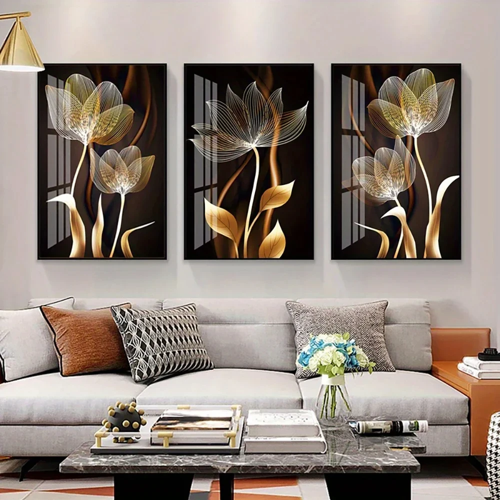 3PCS black and gold flower wall art canvas painting living room decoration Modern abstract poster home decorative painting