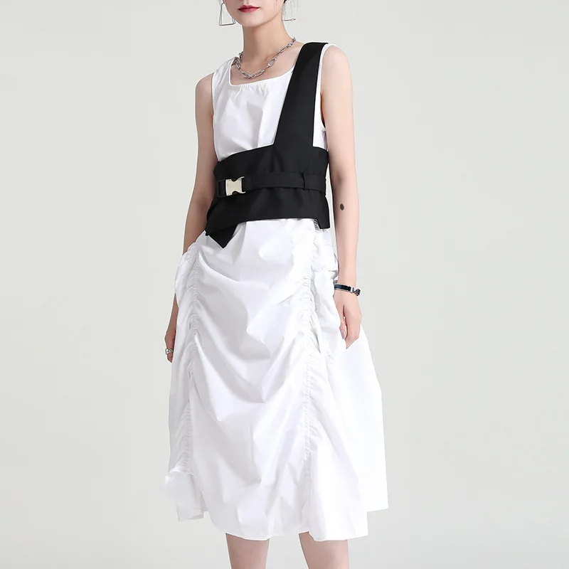 Модное платье без рукавов с дырками на спине для девочек 2021 Летняя короткая и длинная Асимметричная плиссированная длинная юбка 2089