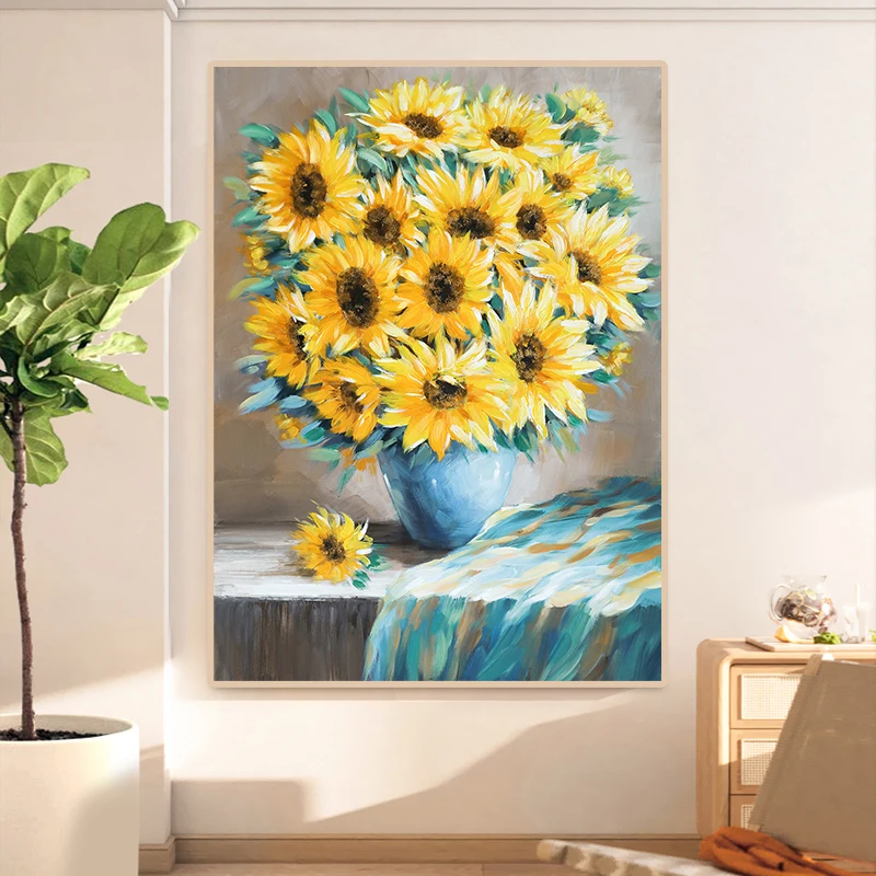 Custom Flower Oil Painting Blue Orange Canvas Modern Oil Painting 100% Handmade Painted With Framed Wall Art For Home Decor