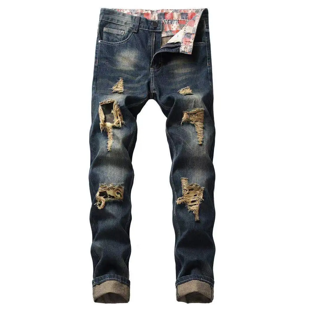 Wholesale Ragged blue biker jeans trousers plus size ripped Destroy jeans wash men jeans denim