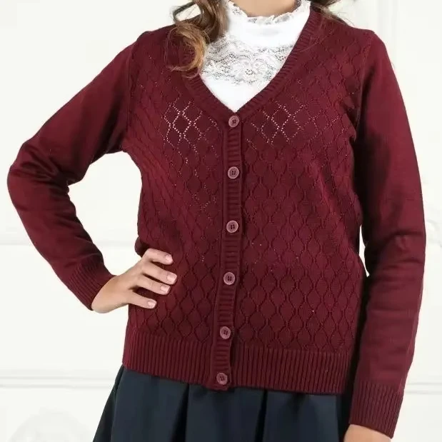 Mujin custom kids winter long sleeves v neck school sweater uniform high school cardigan university college sweater