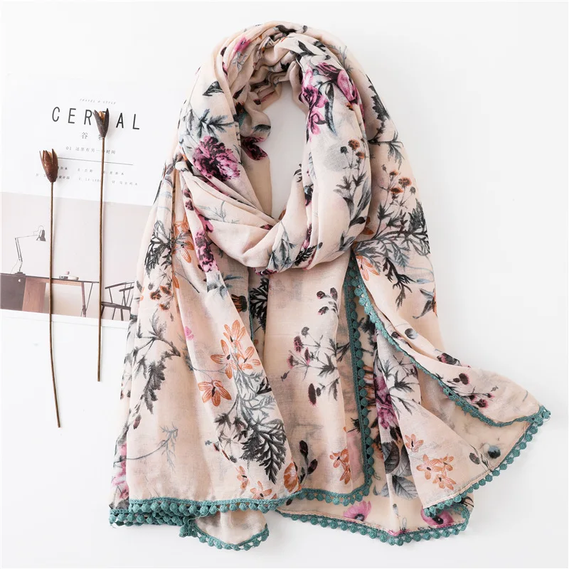 Wholesale Custom Floral Print Women Hijab Linen Cotton Scarf With Tassel