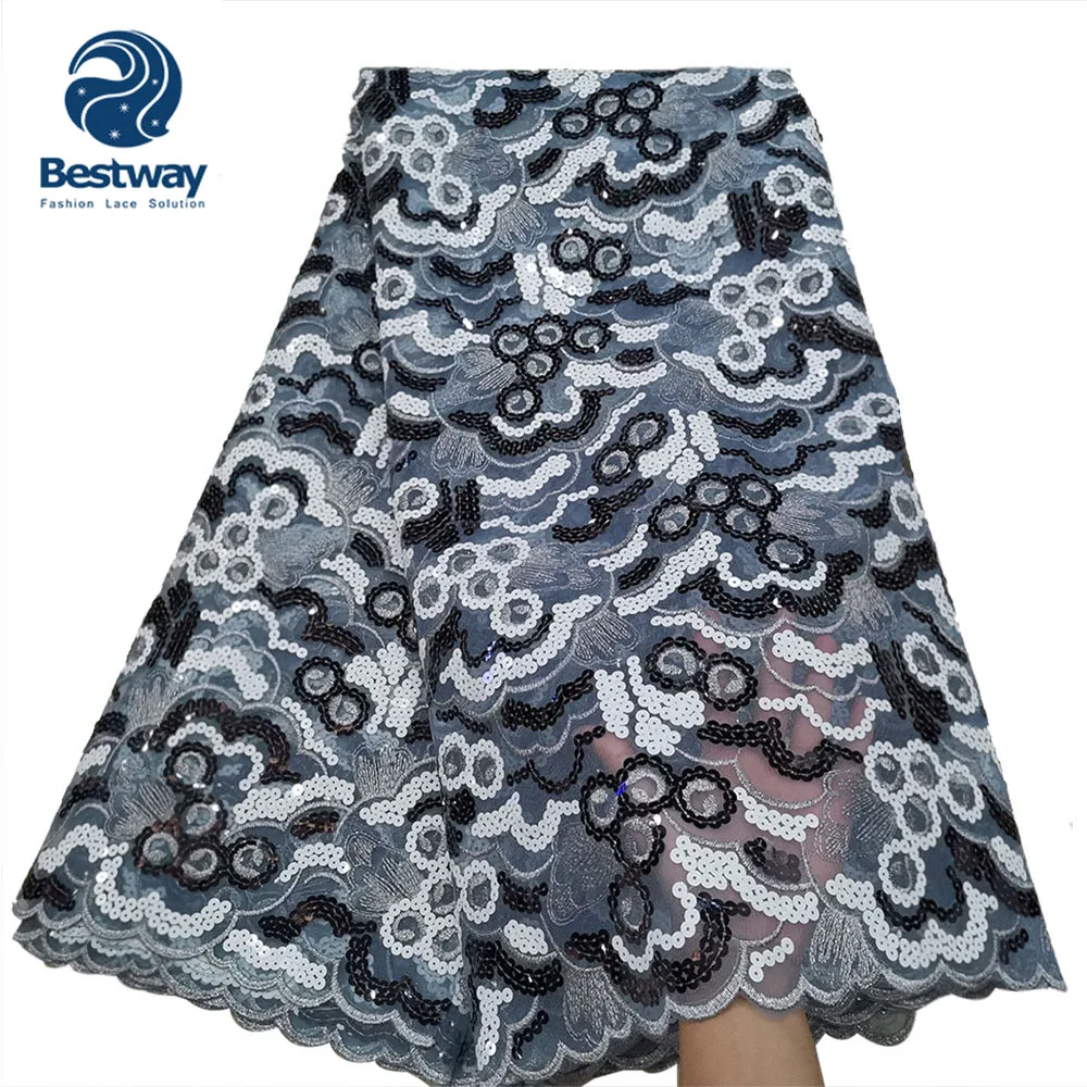 Bestway Sequined Lace Net Fabrics Nigerian Embroidered Lace Fabric for Party Dress