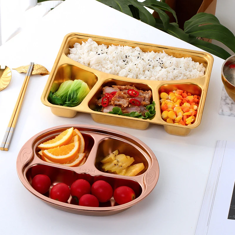 Metal School Rose Gold Stainless steel 3 4 compartment divided fast food mess tray dinner plate lunch box