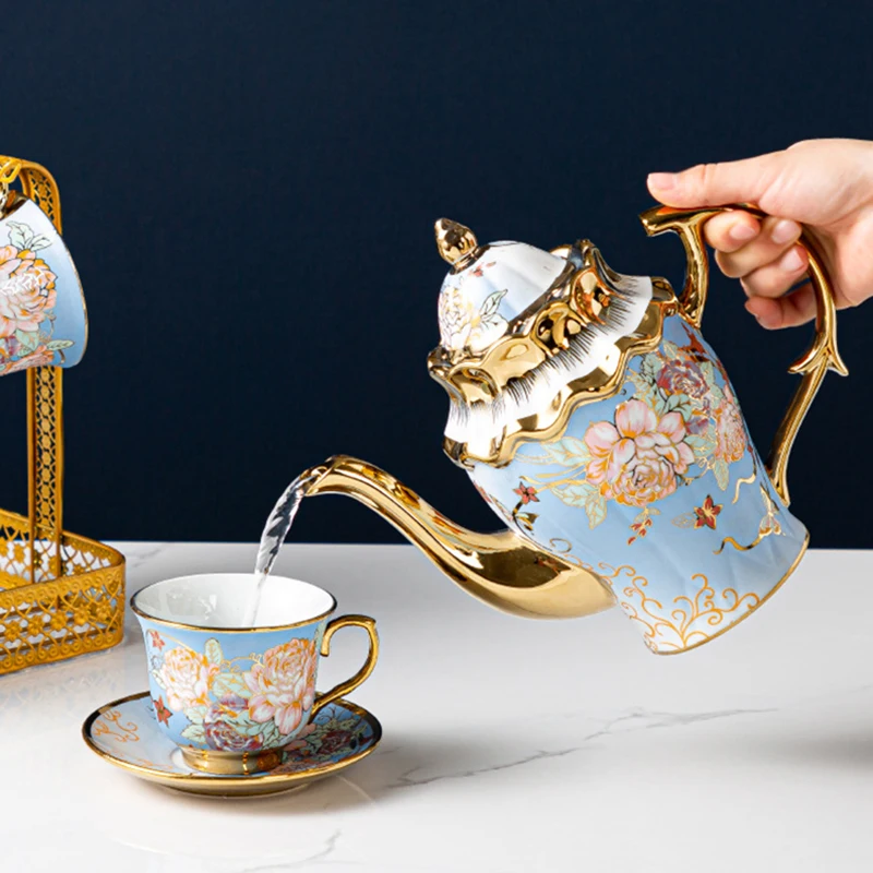 2020 Hot Sell Coffee Cup Gold Tea Cup Sets With Saucer and Cup Holder Vintage Ceramic Tea Set