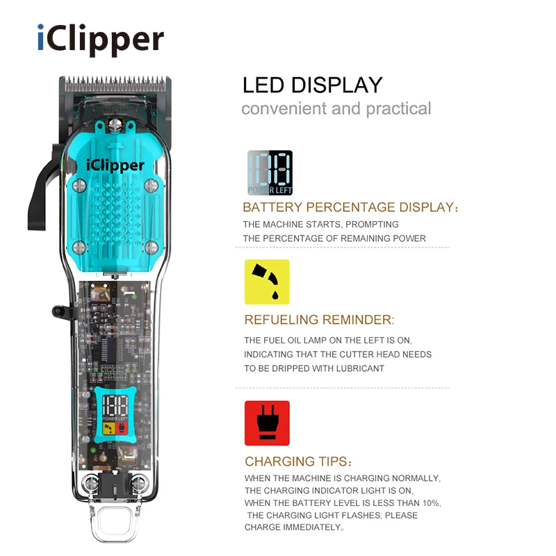 IClipper-Y11S Full Transparent Strong Power Professional Cordless Rechargeable Hair Cutter Kit Hair Trimmer for Barber Shop