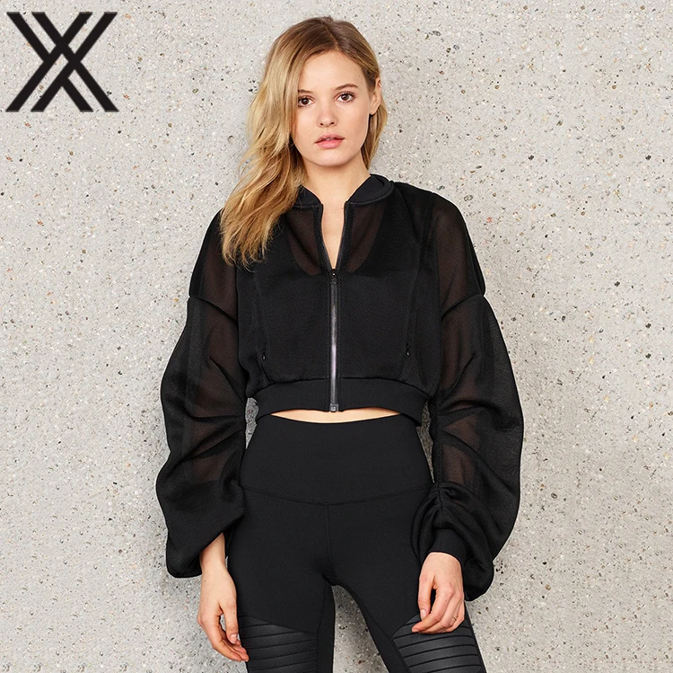 Hot summer Black gauze mesh long sleeve crop jacket  women fashion cropped sports jackets