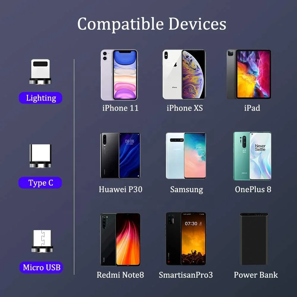 540 degree rotating magnetic charger 3 in 1 fast charging cable L shape & straight 3A USB data Cable For Android Type C i-phone