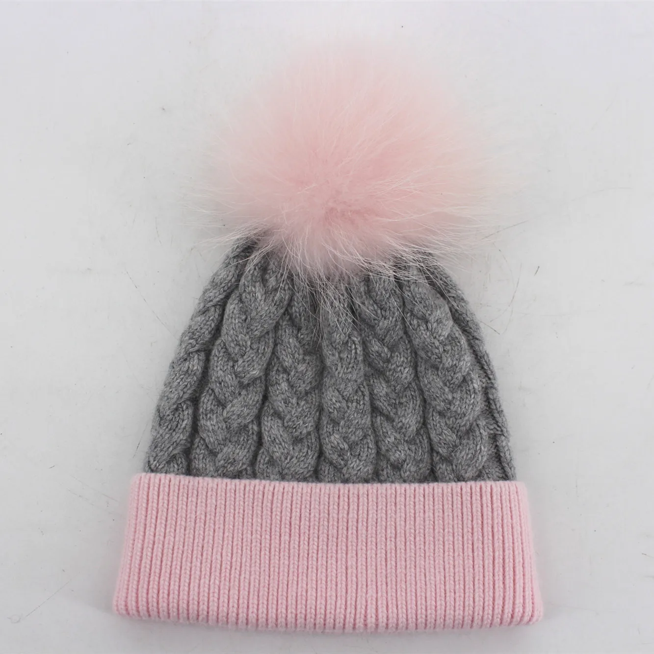 2024 latest women angora wool hat custom winter beanie hat with raccoon fur ball