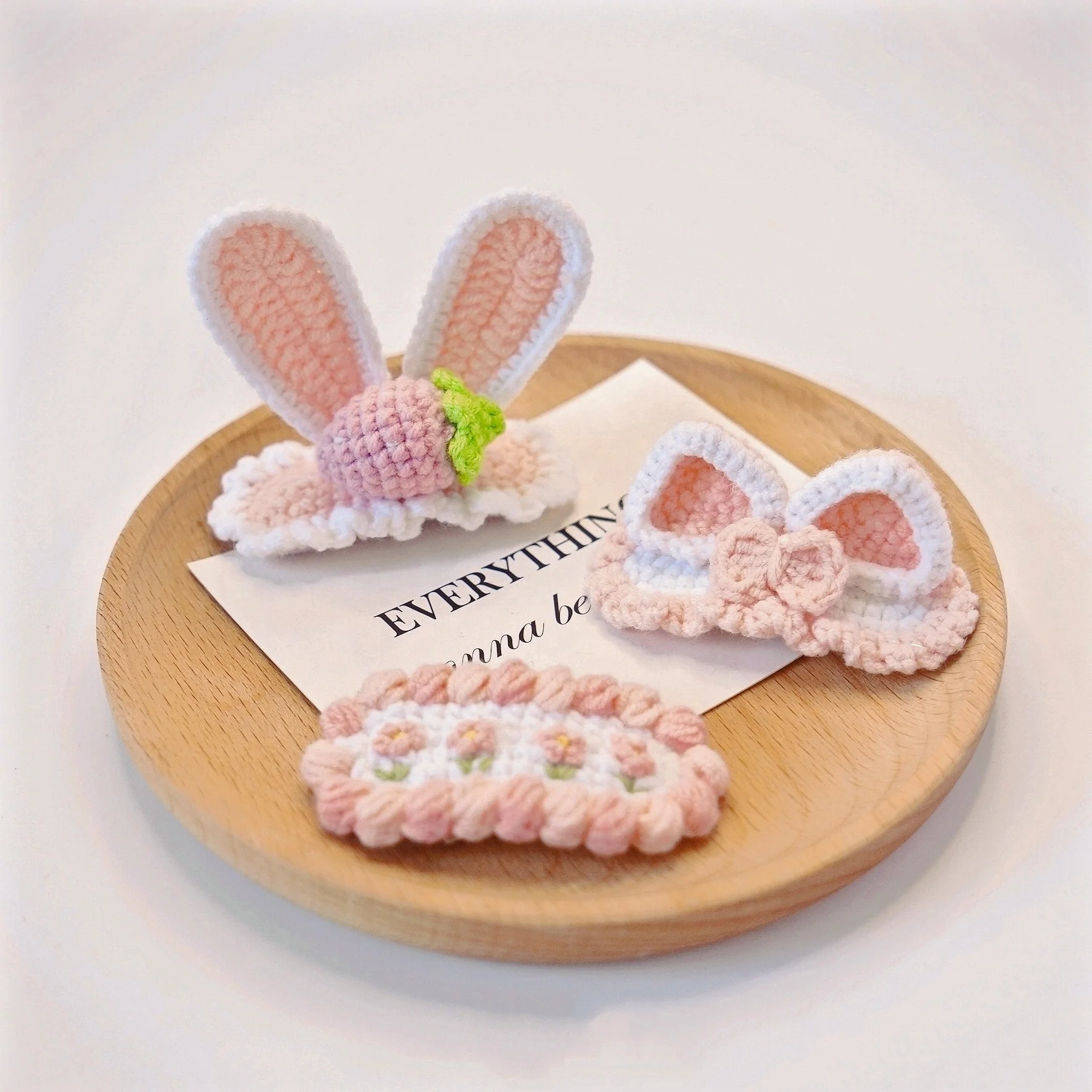 Pink Cotton Wool Crochet Rabbit Ear Flower Strawberry Hairpin Cute Baby Girl Kids Hair Accessories Knitted Hairgrips Hair Clips