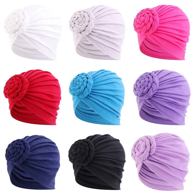 Hot Sale Plain Flower Muslim Chemo Headwrap Stretch Large Turban Chemo Satin Lined Stretchy Headwrap Turbans