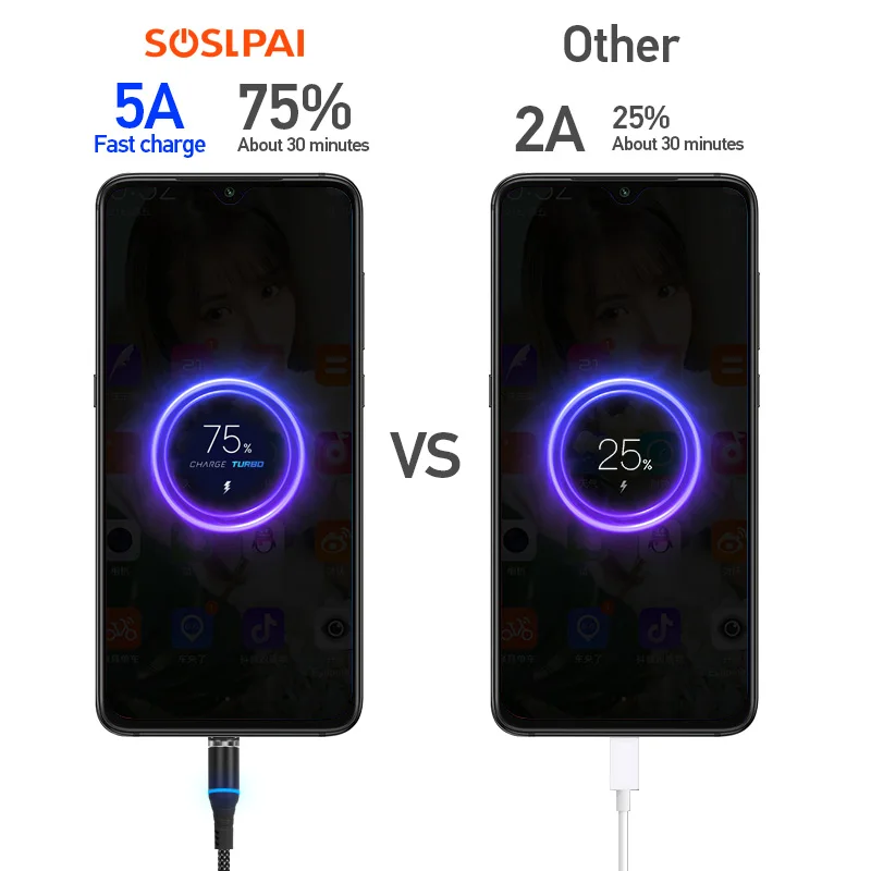 SOSLPAI new design for iphone usb cable nylon braided 5A fast charger 3 in 1 magnetic usb charging cable