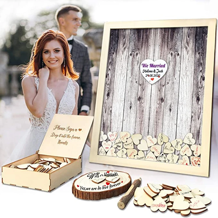 Alternative Pen Sign Drop Top Wooden Frame 120 Hearts Wedding Guest Book for Baby Shower Birthday Party Decoration