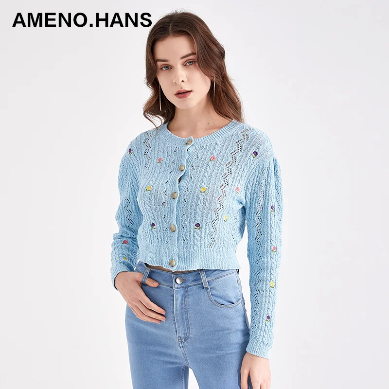 Natural style embroidery cardigans wholesale women knitted cotton cardigans