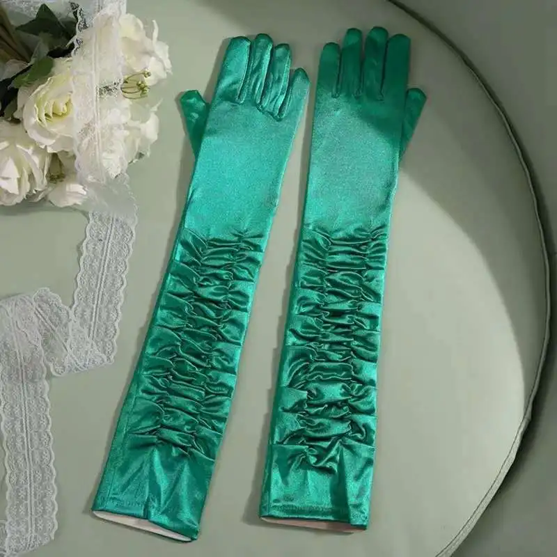 50cm Opera Dress Wedding Long Satin Shirred Elbow Gloves Bridal Party Gloves For Women