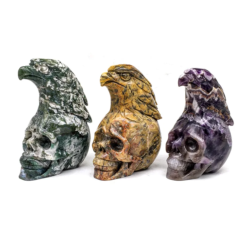Hot Sales Natural Obsidian Skull Hand Carved Crystal Crazy with Bird Amazing Carving Skulls for Decoration