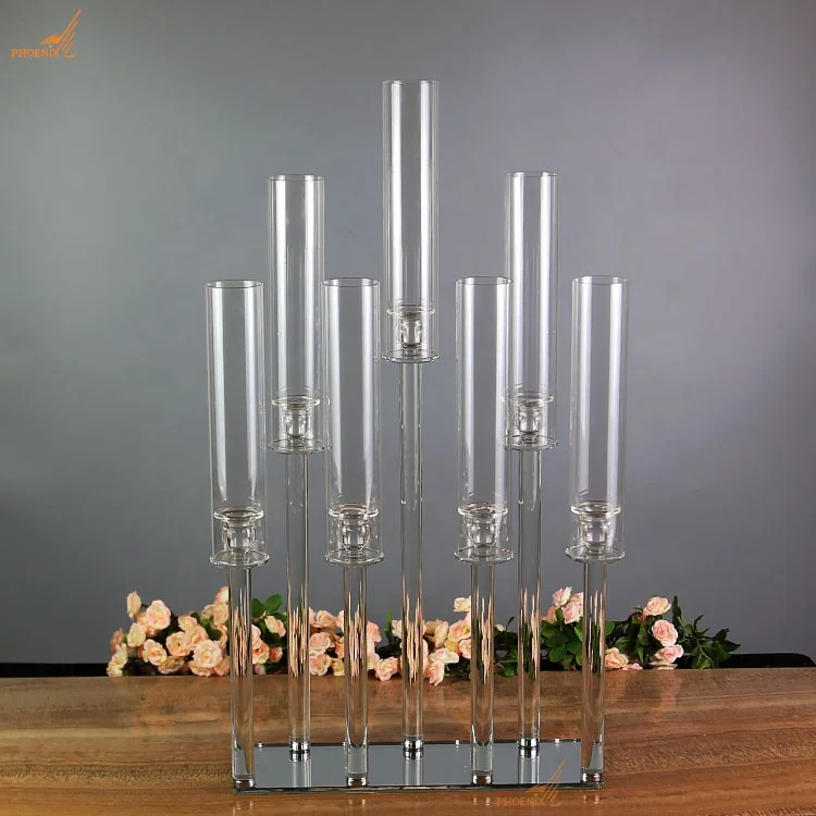 Wholesale rectangle shape 7 arms crystal pillar candle holder glass tube candelabra centerpiece wedding party decor