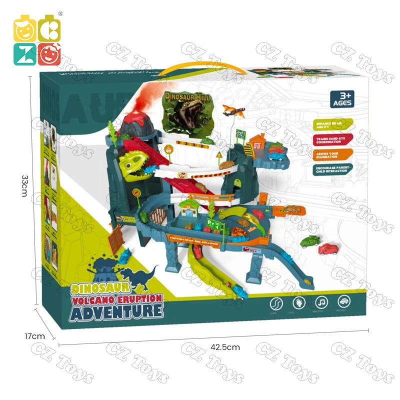 CZ Electrical Climbing Sliding Volcano Eruption Railcar Slot Car Vehicle Race Play Set Dinosaur Adventure with 8 Mini Cars