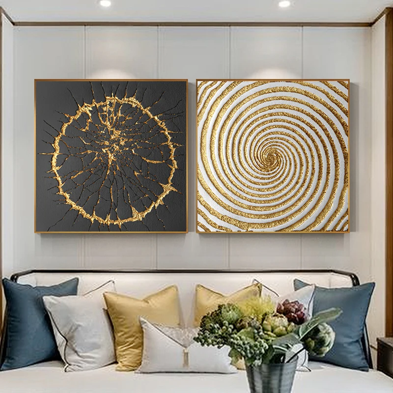 Fashion Square Black And Gold Burst Circle Canvas Painting Wall Art for Living Room Home Decor (No Frame)