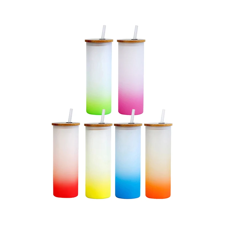 NEW STYLE 25oz  sublimation blank Color Glass Tea Cup Frosted Gradient Drinking Water Glass Tumbler Mug with bamboo lid