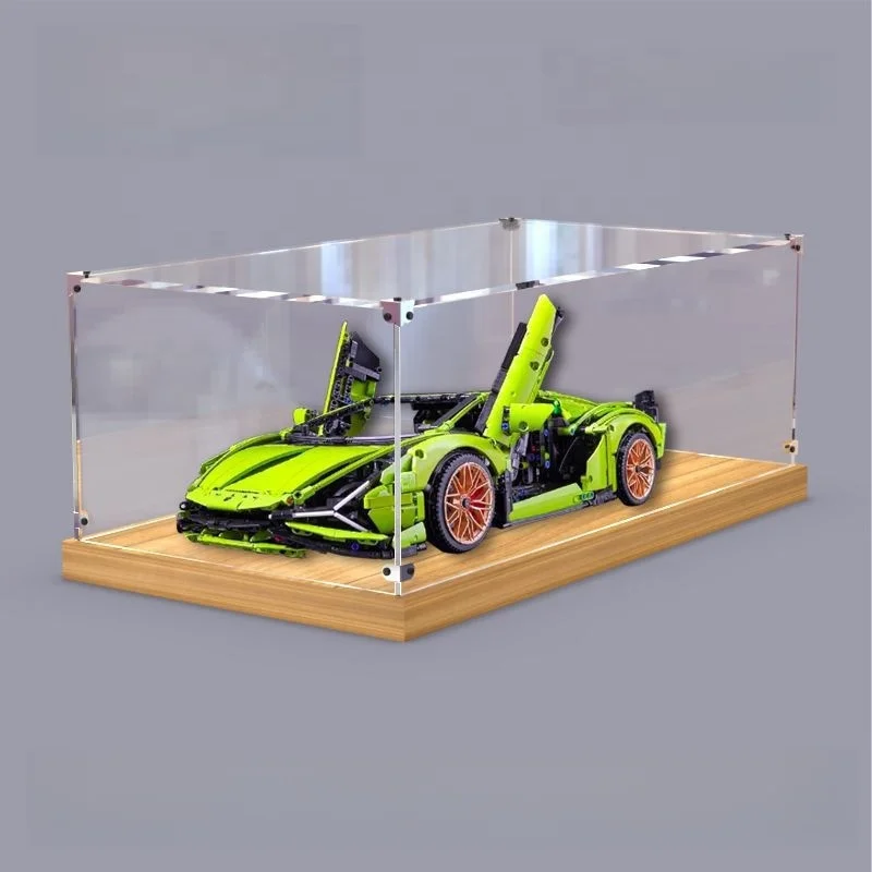 Clear Acrylic Display Box with Wooden Base, Cube Countertop Box for Collectibles, Toys, Home Organization