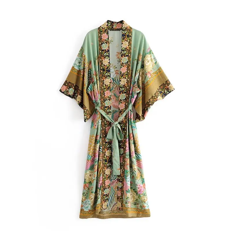 
Casual veste Kimono cardigan women long beach boho Vintage Floral print self belted satin Robe 