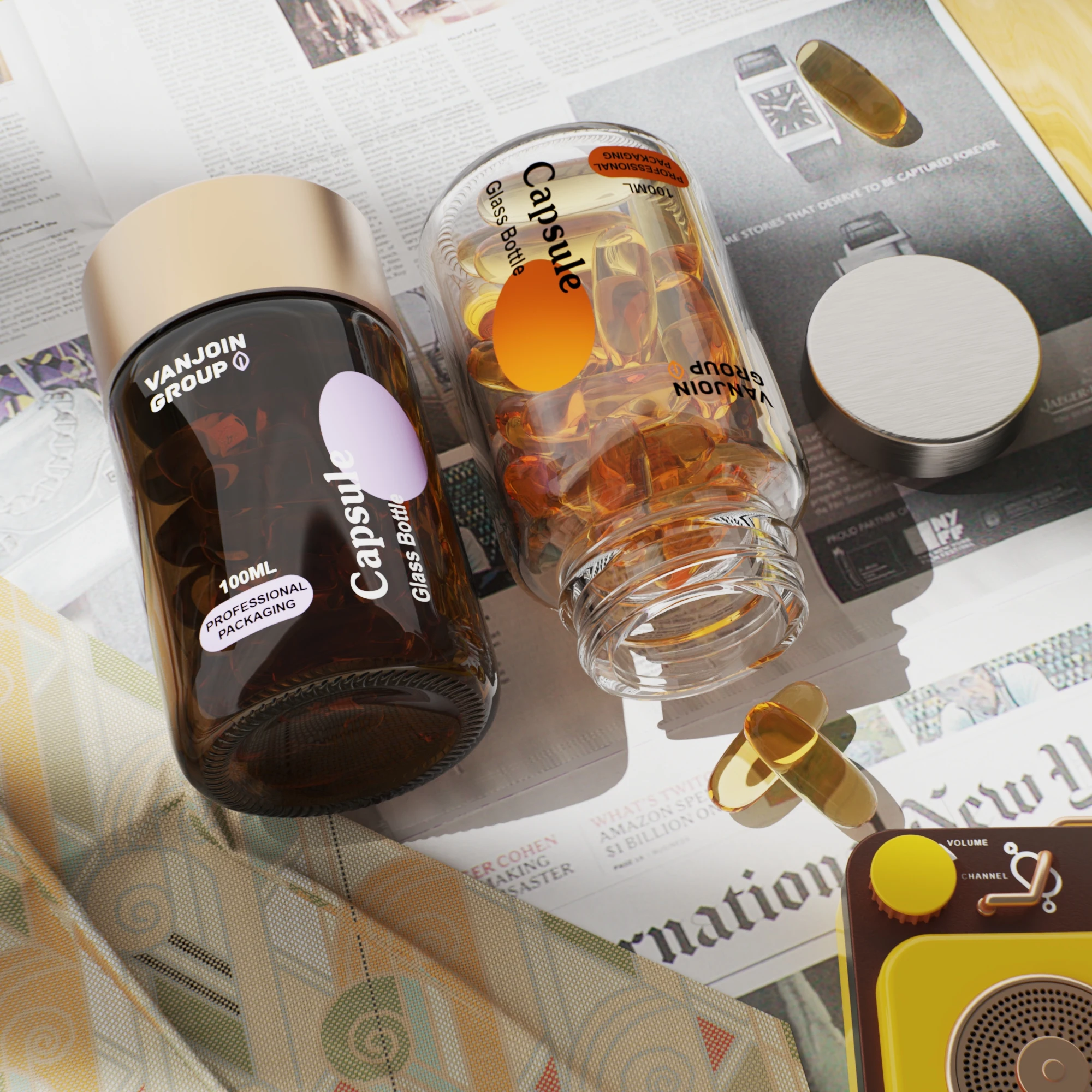 100ml Clear Amber Glass capsule bottle for vitamin D3 adult gummy wide mouth medical empty Bottle for nutritional supplements