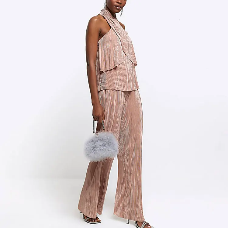 Rose Gold Plisse Halter Neck Women Tops and Bottom Set Sleeveless Layered Party Evening tank Top Blouse Elegant