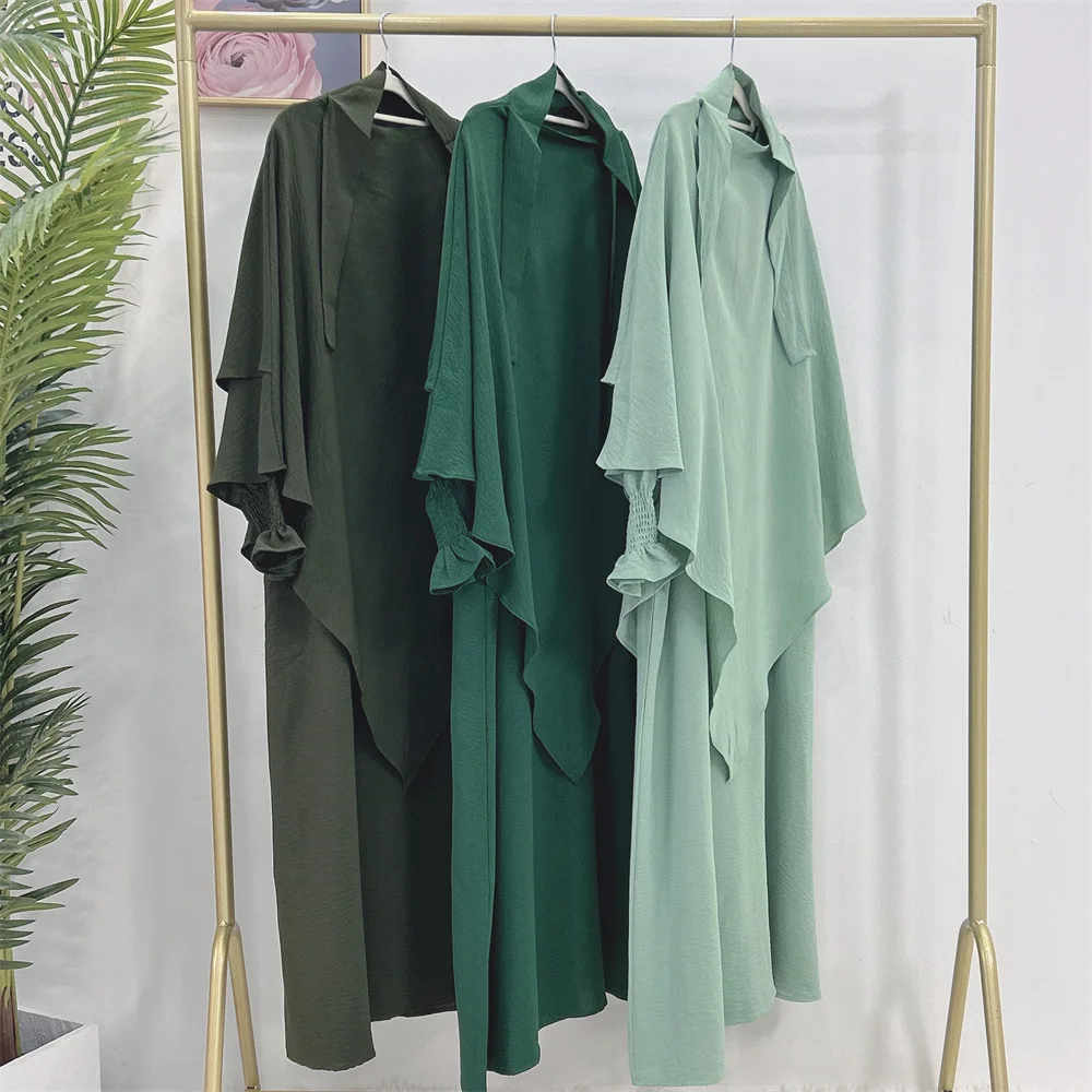 Soild Color Islamic Maxi Casual Dress for Women Abaya Kimono Dubai Turkey Kaftan Muslim Abayas Dresses with Kerchief