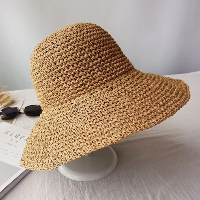 Colorful Foldable Handmade Crochet Bucket Hats Sunshade Wide Brim Straw Beach Hats Wholesale