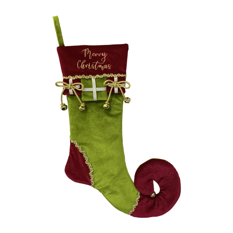Wholesales Christmas Elf Toe Stocking Tipped With Jingle Bell Velvet Xmas Decorations For Tree Mantel Hanging