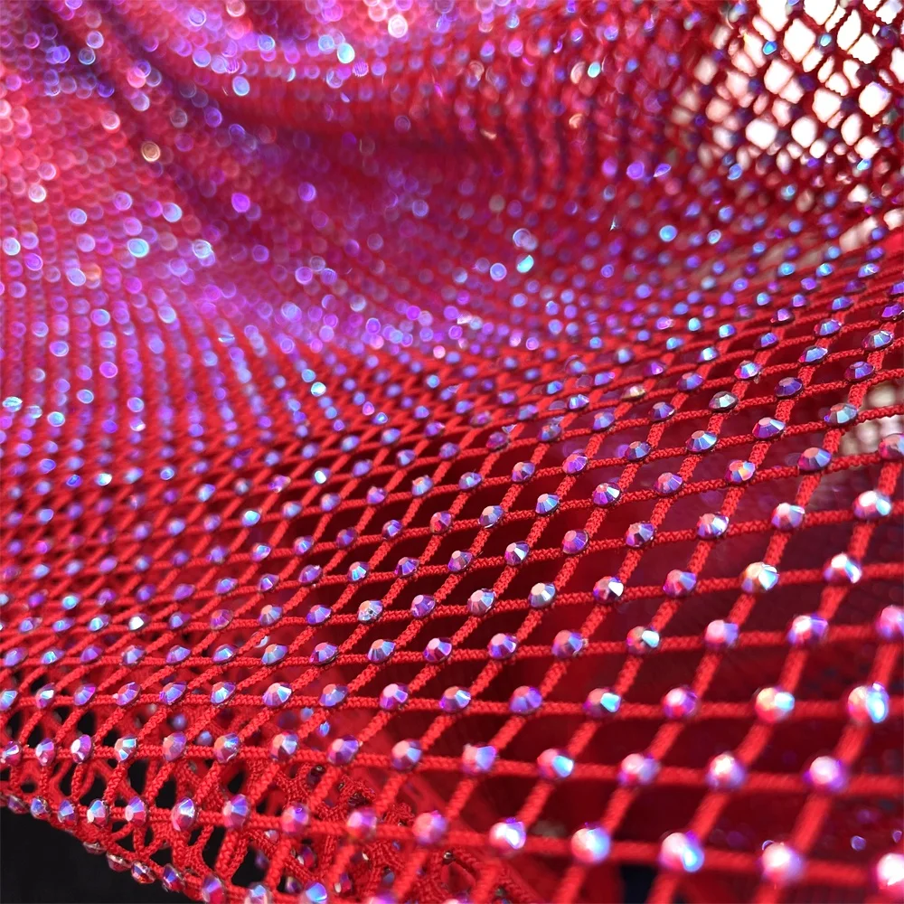 va195 Luxury red AB color diamond fishnet fabric  crystal rhinestone mesh fabric for dress