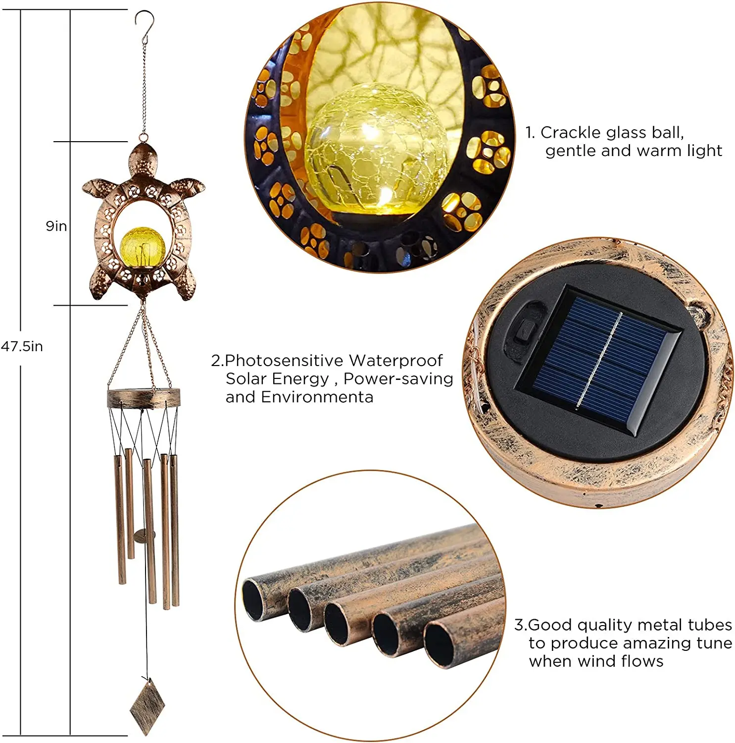 Sea Turtle Metal Retro Copper Led Solar Memorial Musical Sympathy Wind Chimes Light with Crackle Glass Ball for Garden Patio