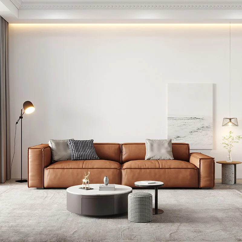 Custom Leather Sofa Head Leather Italian Minimalist Living Room Three Person Straight Row Square Tofu Block Small Family Sofa
