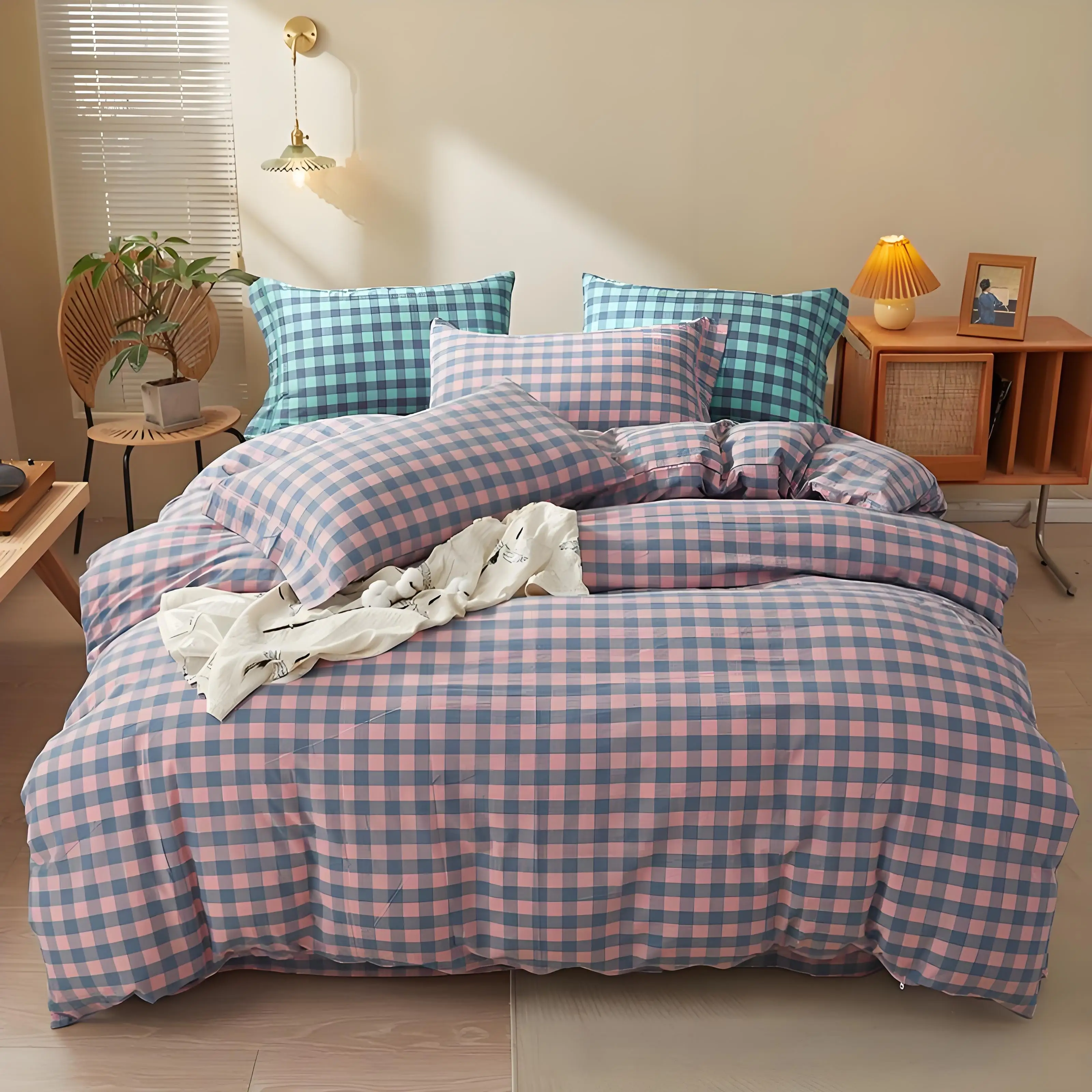 Bedding Sets High Quality Breathable Lightweight Duvet Cover Plaid Pattern Beddings Sets Collections Bed Set for Hotel Hostel
