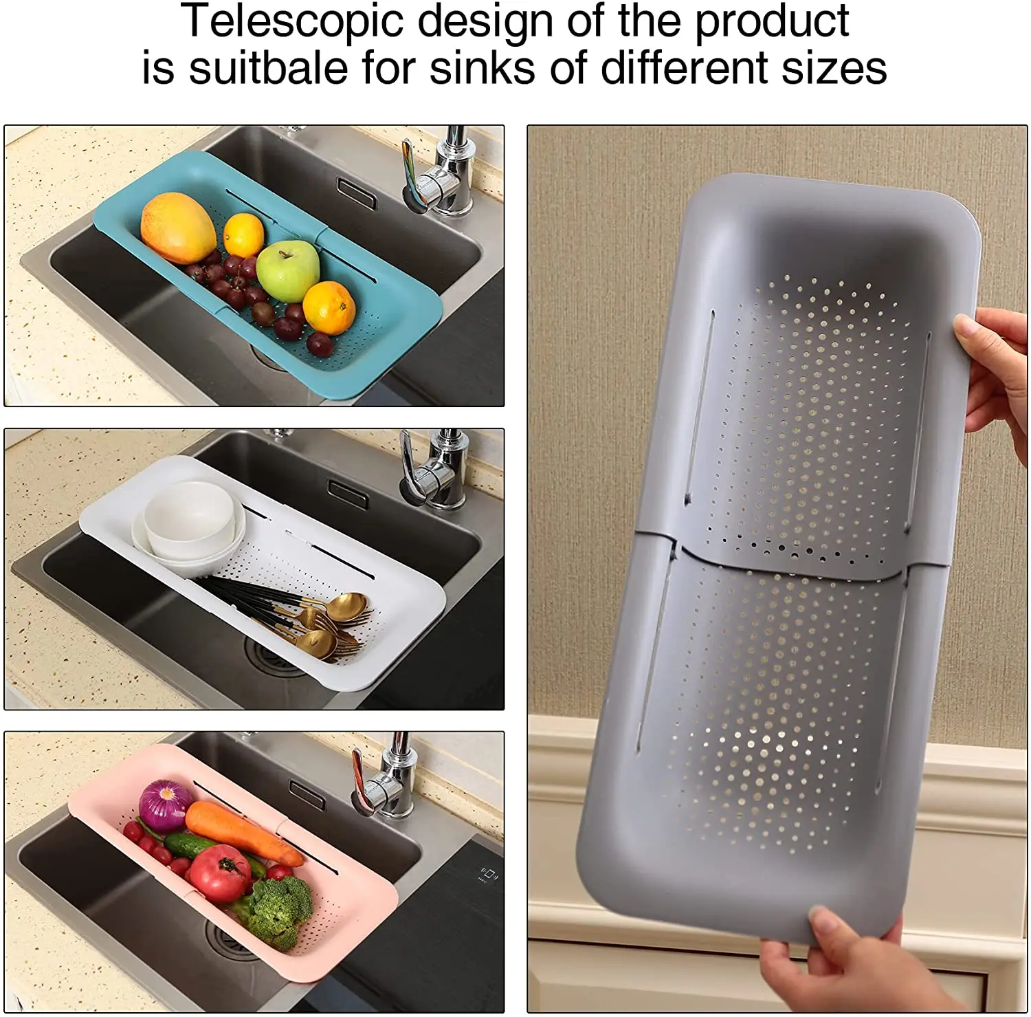 Over the Sink Extendable Colander Strainer Basket For Wash Vegetables and Fruits